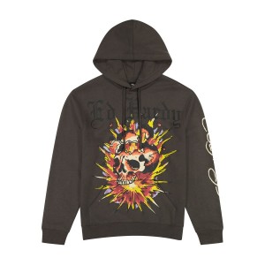 Men Ed Hardy Exploding Skull Charcoal Pullover Hoodie Hoodies Charcoal | MR41-G5WXLS