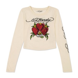 Women Ed Hardy Rhinestone Long Sleeve Hearts Baby Tee BABY TEES Ivory | ZH50-X1DGAJ